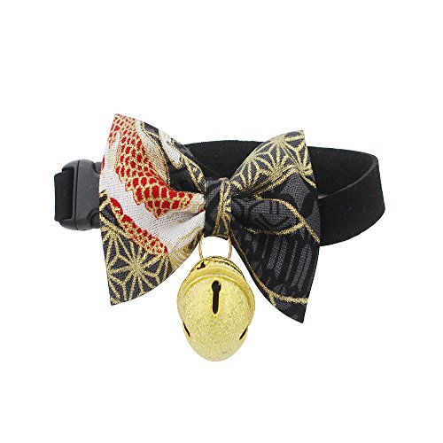 foviupet Pet Bow Collar Cat Bow Tie 3 Pack/Set Cat Collar kitty Adjustable Japanese kimono style bow dog collar leash cat accessories With The Bell For Cats And Small Dogs (Medium, Black)