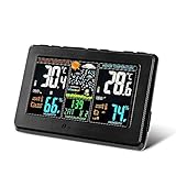 Houzetek Indoor Outdoor Weather Station, Digital Color Forecast Station with Sensor, Home Alarm Clock with Temperature Alerts, Charging USB Port, Moon Phase
