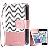 iPhone 5C Cases, 5C Wallet Case, BENTOBEN Secure Up and Down Flip Design Credit Card Slots Cash Holder Nickel Plated Press Stud Wrist Strap Magnetic Snap Closure [Patented Pattern],Rose Gold