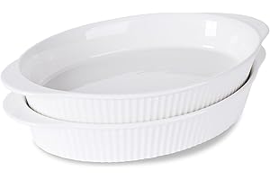 LEETOYI Porcelain 9x13 Large Oval Au Gratin Pans,Set of 2 Baking Dish Set for Servings, Bakeware with Double Handle for Kitchen and Home (White)