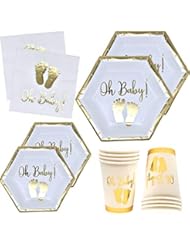 Oh Baby Shower Party Supplies Tableware Set with Gold Foil Footprint Includes 24 9