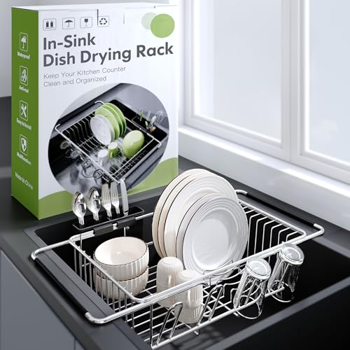 Photo 1 of *****MISSING UTENSIL HOLDER***** Over the Sink Expandable Dish Drainer Drying Rack In Stainless Steel for Small Kitchen, Counter Space Saving Modern Compact Metal Above Plate Dryer Strainer, Adjustable Hanging Inside Drain Holder