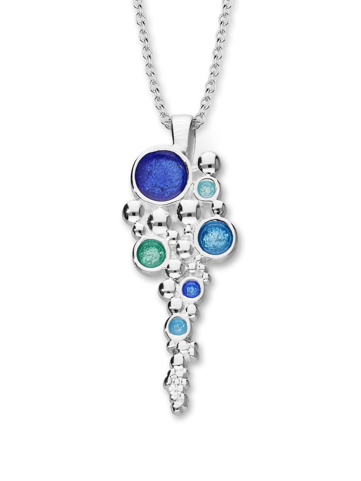 ORTAK ® 925 Sterling Silver Handmade Pendant Necklace Seafoam Inspired Design Dröfn Collection Hot Glass Hand Enamel In Ultramarine And FP Green Colourways Fine Jewellery Made in Scotland (Open)