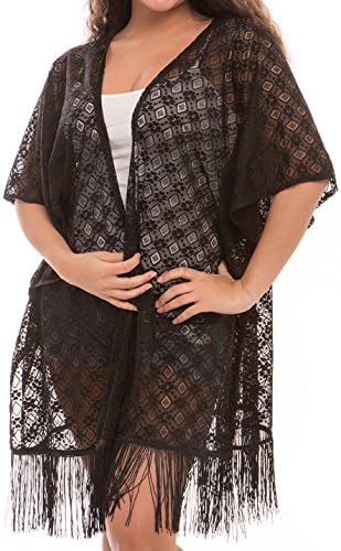 Women's Fashion Swimwear Cover-Ups Top Dress Chiffon Kimono Poncho Cardigan with Fringes (313, Diamond Black)