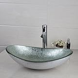 Yanksmark Silver Color Glass Wash Bowl Vessel Sink & Chrome Bathroom Faucet Finish Combo Set Come With Pop Up Drain