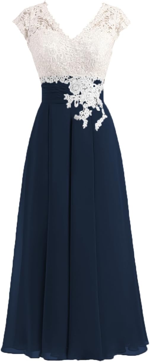 Women's Ivory Lace Top Chiffon Button V-Neck Bridesmaid Dresses with Cap Sleeves Mother of The Bride Dresses (US14, Navy)