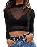 Mangopop Women's Long Sleeve Mesh Crop Tops Tee Blouse