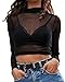 Mangopop Women's Long Sleeve Mesh Crop Tops Tee Blouse