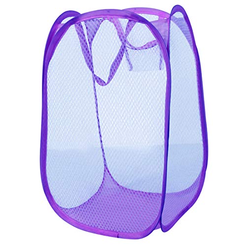 Portable, Durable Handles, Laundry Basket Pop Up Mesh Bin Tidy Storage Foldable Cloth Washing Bags Hamper 2Pcs (Purple)