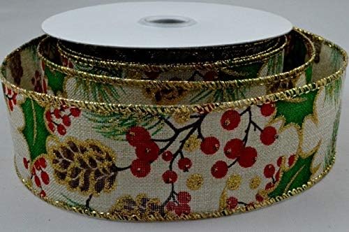Wired Natural Burlap Ribbon with Christmas Berries and Hollyleaf Print 38mm x 1 Metre Cut from Roll, Ideal for Christmas or Birthday giftwrap and Decoration!