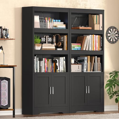 TEENFON Bookshelf with 16 Color Lighting Modes, Bookcase with 2 Doors and Adjustable Shelf, Floor Standing 5 Shelf Display Storage Shelves, Tall Bookcase for Home Office, Living Room, Black