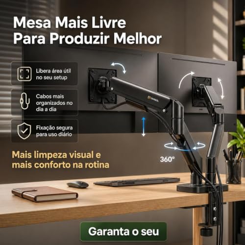 Suporte Duplo para Monitor com Pistão a Gás JadeVic – Braço Articulado para 2 Monitores de 10 até 29 Polegadas com Rotação 360° - JadeVic