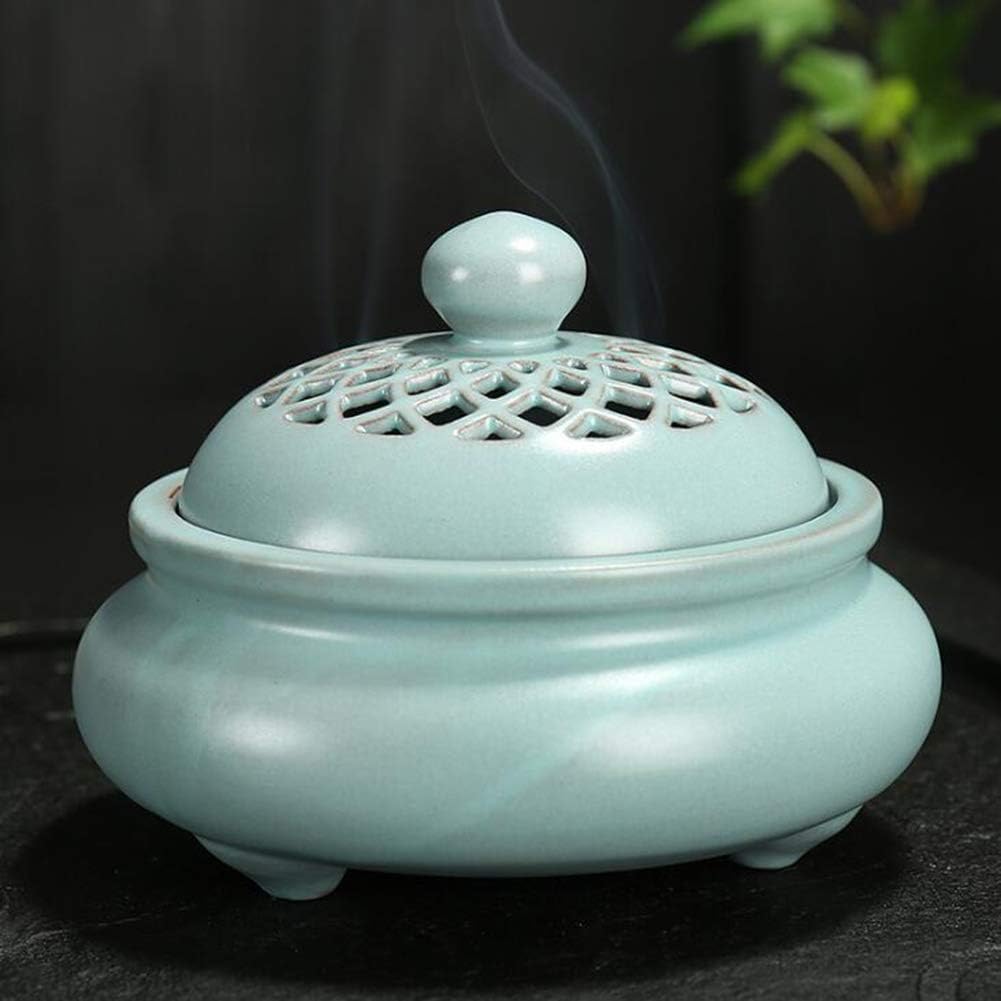 NAGU 100% Handmade Ceramic Incense Burner Holder,Round with Lid Three-Legged Openwork Incense Ash Tray,Retro Home Office Decorations