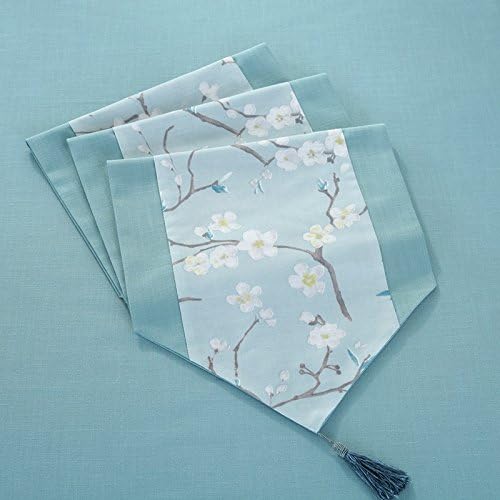JYQ Tree and Floral Polyester and Cotton Rectangular Table Runners with Tassels (15 inch by 72 inch, Blue Plum Blossom)