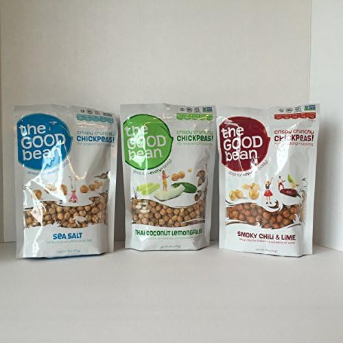 GLUTEN FREE: The Good Bean Roasted Chickpea Snack Variety Pack of 3- Large 6oz each (Sea Salt, Smokey Chili &amp; Lime and Thai Coconut Lemongrass) Plus a Bonus Free Quick and Easy Fruit Smoothie Recipe by Z-Organics. The Perfect Healthy Bundle for That Summer BBQ, Picnic or Party. (3 Item + Bonus)