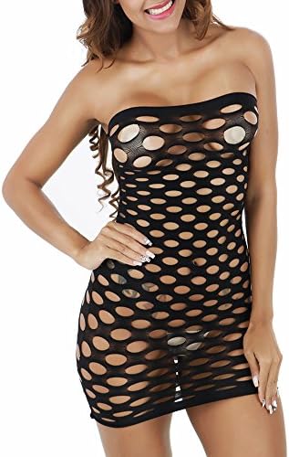 Women's Sexy Lingerie,Strapless Mesh Hole Lingerie Baby Doll Mini Dress