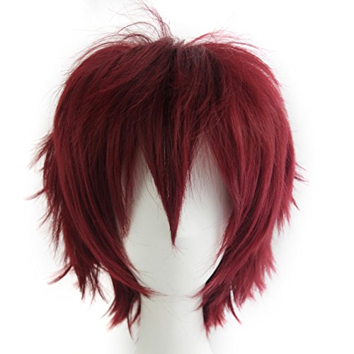 Alacos Unisex Cosplay Short Straight Hair Wig Women Men Rock Cartoon Anime Con Party Dress Wigs Dark Red Wig+ Free Wig Cap