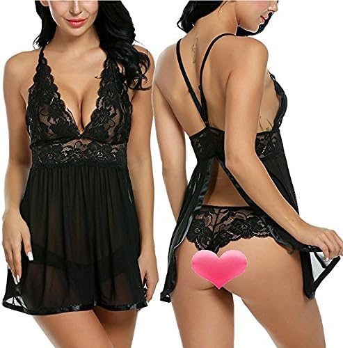 Hotwiner Women's Sexy Lingerie V-neck Lace Sleepwear Halter Babydoll Dress +G-string (Medium)