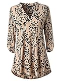 Zattcas Womens Floral Printed Tunic Shirts 3/4 Roll Sleeve Notch Neck Tunic Top (X-Large, Black Taupe)