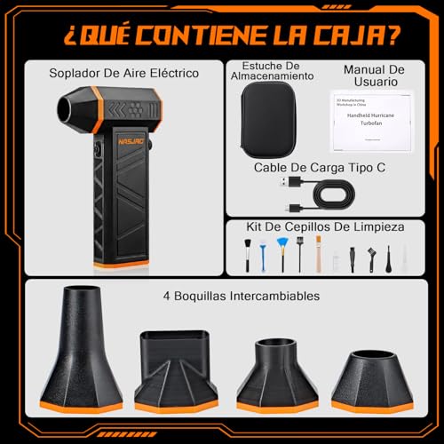 Nasjac Soplador de Aire Inalambrico de 140000RPM(8000mAh), 17 en 1 Plumero de Aire Comprimido Eléctrico, para limpiador Teclado y PC, Teclado, Auto y Asador | 8000mAh, 140000RPM, El motor admite ajuste continuo de velocidad