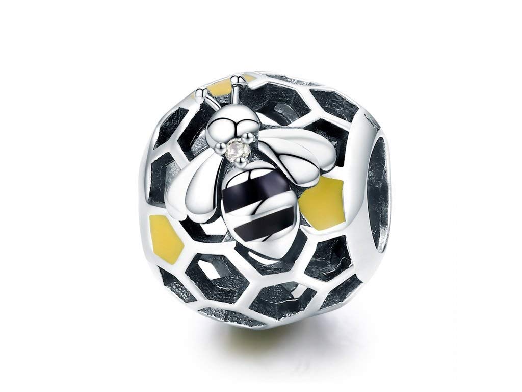 FeatherWish Sterling Silver 925 Charm Honey Bee Insect Animal Bead For Bracelets With Enamel Fits And Compatible With Pandora Bracelets Gift Friend Birthday Wife Mum Family (Honeycomb Bee Bead)