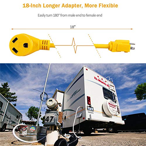 Epicord RV Power Cord Dogbone Adapter,Innovative 180 Degree Curved Design-15 Amp Male to 30 Amp Female,12\'\' 12AWG/3Cord