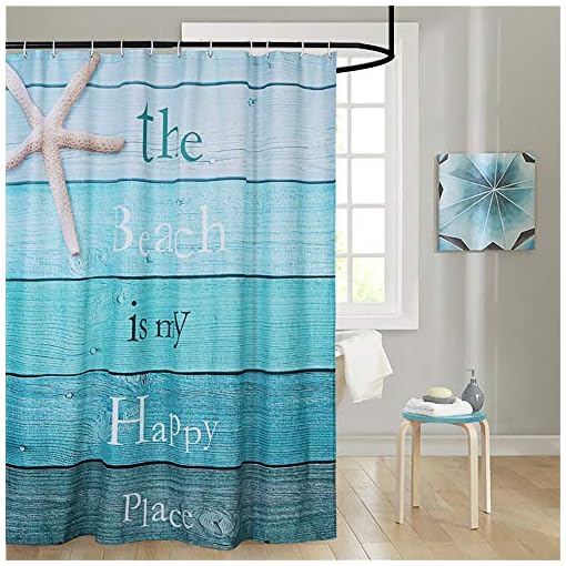 Uphome Beach Fabric Shower Curtain Gradient Turquoise Wood Grain