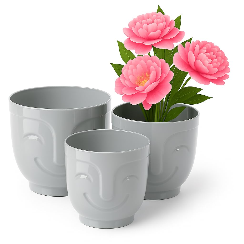 Home Garden Ornaments Plant Pots Indoor – Set of 3 Plastic Decorative Pots 14/16/18 cm, Smiling Face Pattern (Grey)