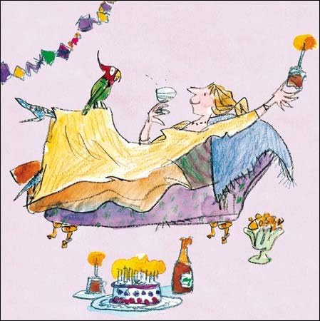 Woodmansterne Greeting Card - Female Birthday - Relaxing lady by Quentin Blake - For Her, Black, 167mm x 173mm