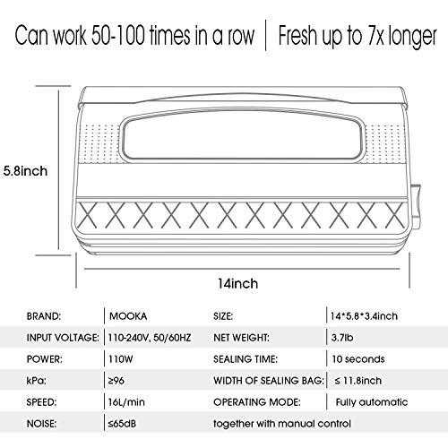Mooka 96kPa Vacuum Sealer with Built-in Cutter, 10 Sealing Bags (FDA-Certified), 16Liter/min, Fresh UP to 7X Longer, Dry & Moist Modes, with Up to 60 Consecutive Seals, High-Temperature Resistant
