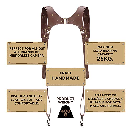 OOKU PRO Dual Camera Strap | Hand-Crafted Genuine Leather Camera Strap | Dual Shoulder Harness for SLR/DSLR Camera Sling & Camera Holster Accessories | Fully Adjustable Camera Harness Straps - Brown