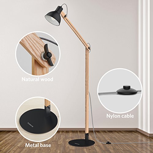 Tomons Wood Floor Lamp, Adjustable Head Reading Light, Nature Rubber Wood, 8W Warm White LED Light, 40W E26 Incandescent Lamp, 57.8" Height Suitable For Living Room, Bedroom, Study Room-FL1001 - Thumbnail 3