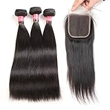 West Kiss Hair Brazilian Straight Virgin Remy Human Hair Extensions 3 Bundles with 4×4 Free Part Lace Closure Nature Color 100% Unprocessed