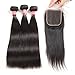 West Kiss Hair Brazilian Straight Virgin Remy Human Hair Extensions 3 Bundles with 4×4 Free Part Lace Closure Nature Color 100% Unprocessed