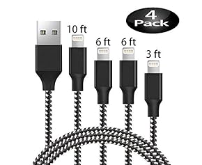 4-Pack [3ft/6ft/6ft/10ft] Nylon Braided USB Charging Cables for iPhone X/8/8 Plus/7/7 Plus/6s/6s Plus/6/6 Plus/5/5S/5C/SE/iPad/iPod (Black&White)