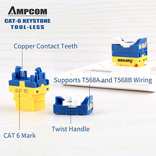 10-Pack CAT6 Tool Less Keystone Jack,AMPCOM RJ45 Self-Locking Cat.6 Keystone Module Adapter No Punch-Down Tool Required Couplers for Wall Plate UTP Yellow