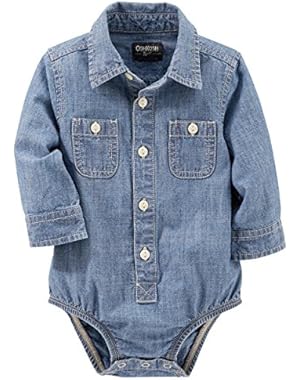 Boys 2-Pocket Chambray Button-Front Bodysuit, Blue, 24m