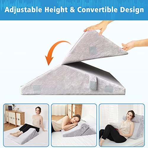 3PCS Bed Wedge Pillow, Memory Foam Top Adjustable 9 & 12” Folding Incline Cushion, Elevated Wedge Pillow for Back and Leg | Acid Reflux, Anti Snoring, Post Surgery, Sleeping - Machine Washable Cover