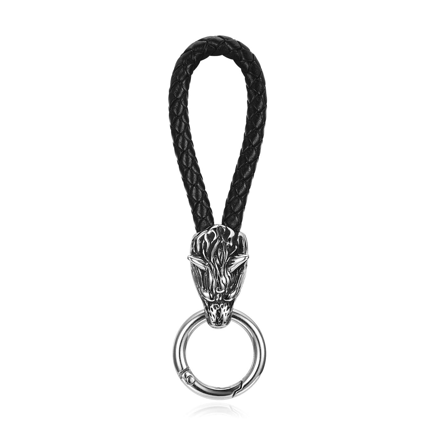 PiercingJak Men Black Genuine Leather Norse Wolf Head Keychain Stainless Steel Vintage Nordic Mjolnir Key Rings Wolf Amulet Pendant Celtic Pagan Symbol Key Chain