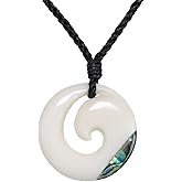 81stgeneration Hand-Carved Bone Koru Swirl Pendant with Paua Shell - Adjustable Cord Necklace for Men - Women's Maori-Style Round Spiral Amulet - Handmade Natural Statement Surfer Jewelry