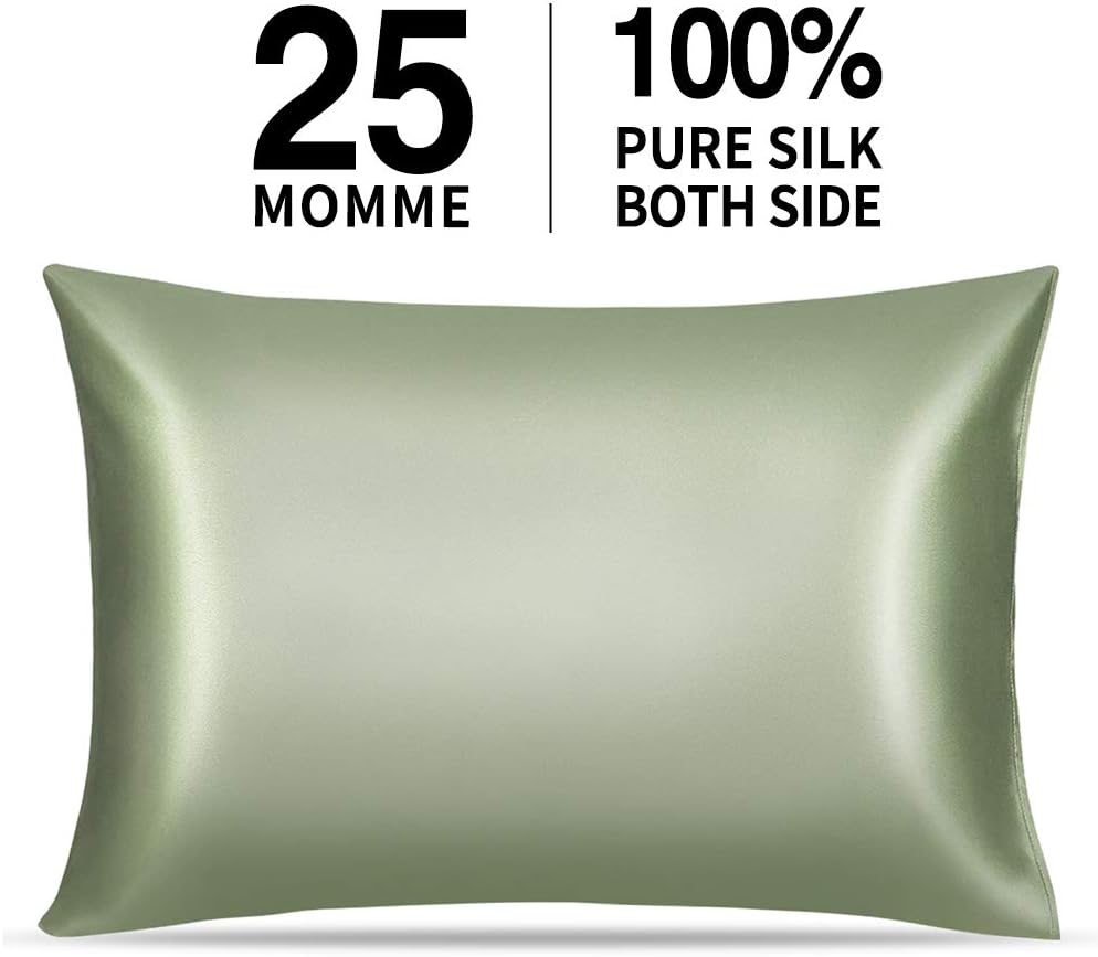 Winjoy 25 Momme Silk Pillowcase, Both Sides 100% Natural Mulberry Silk Pillow Covers Cases Queen Size for Hair and Skin with Hidden Zipper, 1PC, Olive Green
