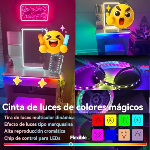 Dopwii Tocador Vanity con Espejo LED, Tocador de Maquillaje Vintage Blanco con Enchufe Incorporado y Tira de Luces RGB, Escritorio con 2 Cajones