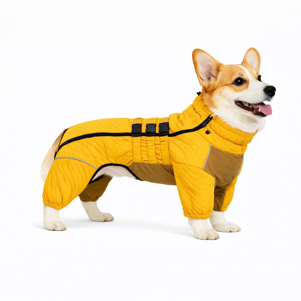 Warm Dog Coat Double Layers Dog Vest, 4 Legs Covered Windproof Waterproof Reflective, Yellow D-S