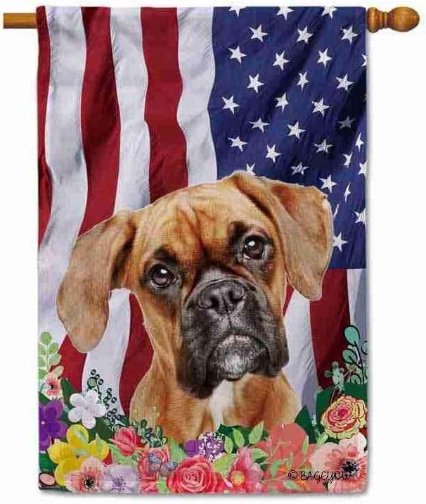 BAGEYOU American Flag with My Love Dog Boxer 4th of July Patriotic Decoraive House Flag for Outside Colorful Flowers Summer Home Decor Banner 28x40 Inch Printed Double Sided