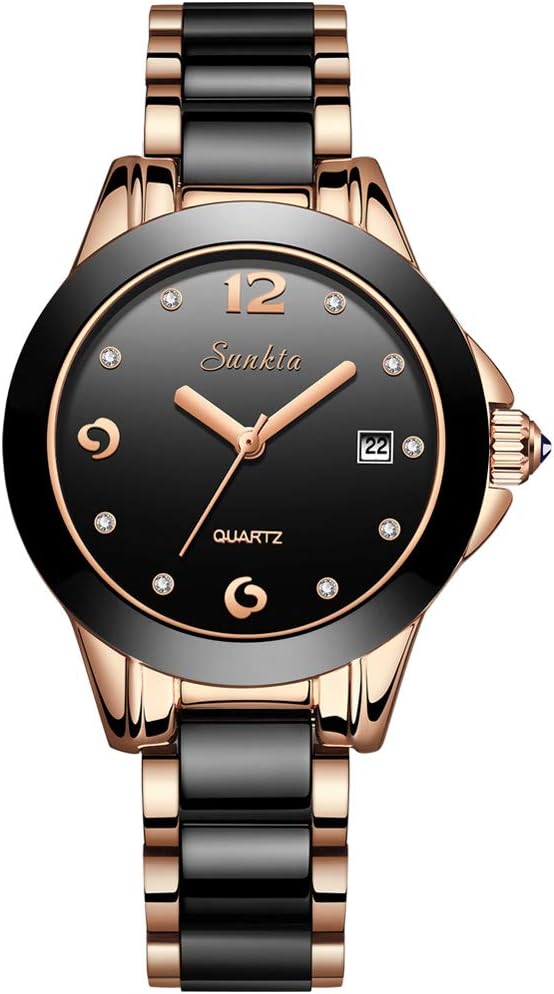 Women's Watch Fashion Simple Waterproof Analogue Quartz Ceramics Rose Golden Stainless Steel with Black Ceramics Ladies Wrist Watch