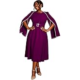 AOMEI Womens Cocktail Dress Pearl Cape Split Long Sleeve High Waist Belted A Line Midi Party Dresses