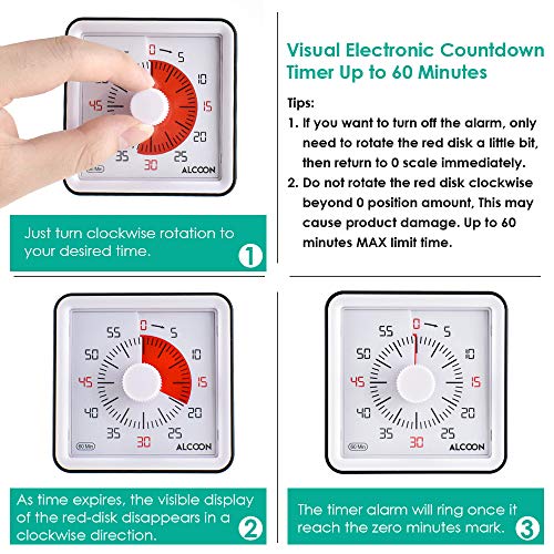 Alcoon 60 Minute Visual Analog Timer 3 Inch Silent Countdown Timer Kitchen Timer Time Management Tool for Classroom or Meeting Countdown Clock for Kids and Adults (Black)