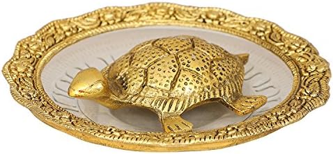 Obbi Aluminium Metal Feng Shui Tortoise on Glass Plate for Good Luck (Gold, Silver, 14x14x3 cm)