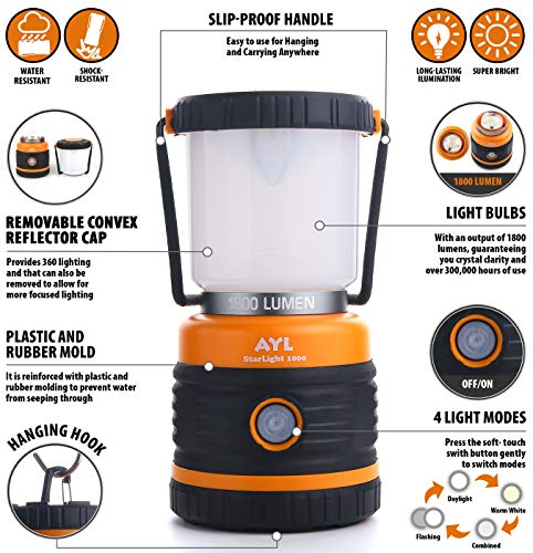 AYL LED Camping Lantern, Battery Powered LED 1800LM, 4 Camping Lights