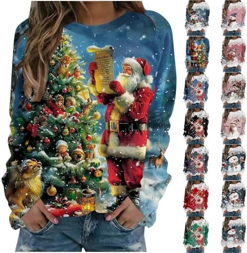 Christmas Sweatshirt for Women UK Fashion Print Funny Xmas Tops Winter Warm Pullover Sweatshirt Casual Long Sleeves Christmas Jumpers for Women Soft Comfortable Crew Neck Baggy Tops Y2K Pink